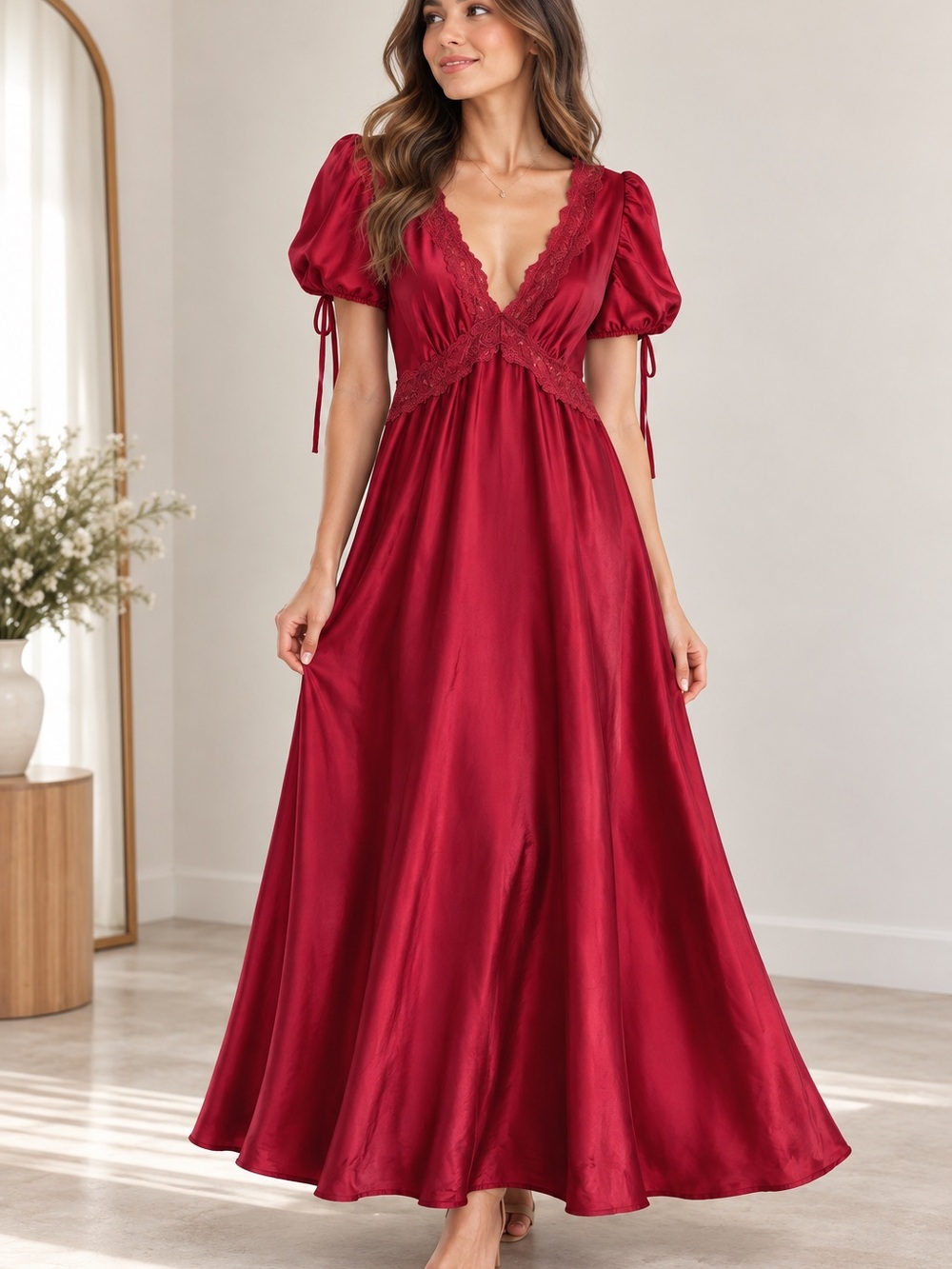 CIDER Burgundy Red Satin Lace Trim Puff Sleeve Maxi Dress 1XL NWT